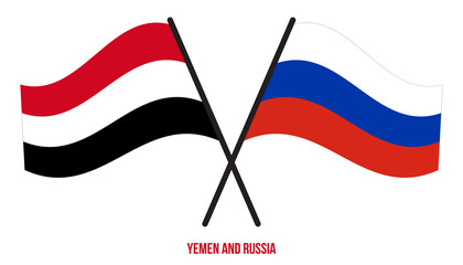 Yemen and Russia Flags Crossed And Waving Flat Style. Official Proportion. Correct Colors.