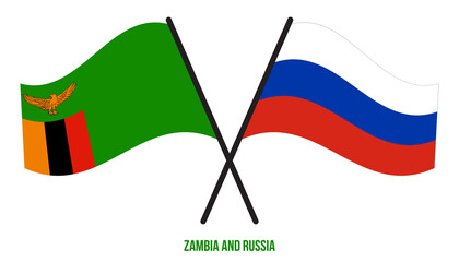Zambia and Russia Flags Crossed And Waving Flat Style. Official Proportion. Correct Colors.