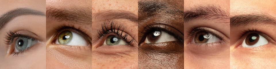 Set, collage of different types of male and female eyes. Concept of beauty, mental health, ophtalmology, cosmetology, cosmetics. Beautiful close up eyes of 6 people with different colors and emotions.