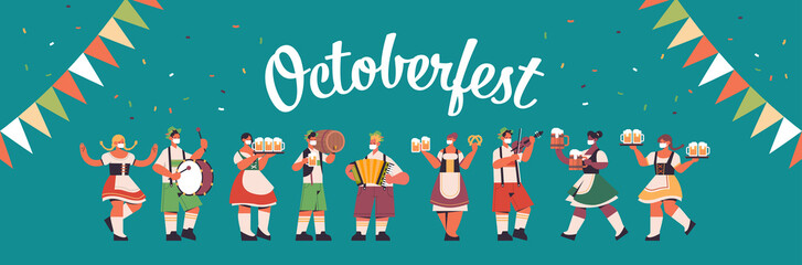 mix race people celebrating Oktoberfest party happy mix race people in german traditional clothes having fun full length horizontal vector illustration