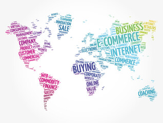 Fototapeta na wymiar E-COMMERCE word cloud in shape of world map, business concept background