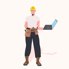 foreman in helmet using laptop working at construction site repair service concept full length vector illustration