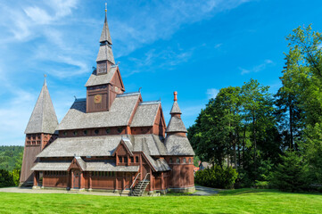 Fototapeta na wymiar Protestant Gustav Adolf Stave Church, Hahnenklee, Harz, Lower Saxony, Germany
