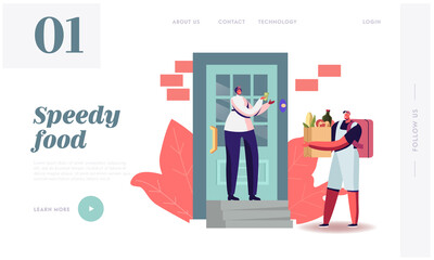 Express Food Delivery Landing Page Template. Courier Character Deliver Bag with Grocery to Consumer at Home Online Order