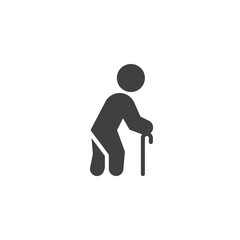 Person with stick vector icon. filled flat sign for mobile concept and web design. Elderly man with stick glyph icon. Symbol, logo illustration. Vector graphics