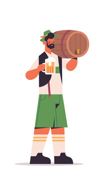 guy waiter holding beer barrel and mug Oktoberfest party concept man in german traditional clothes having fun full length isolated vertical vector illustration