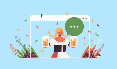 Naklejka premium girl waitress holding beer mugs Oktoberfest party celebration concept woman in german traditional clothes having fun web browser window portrait horizontal vector illustration