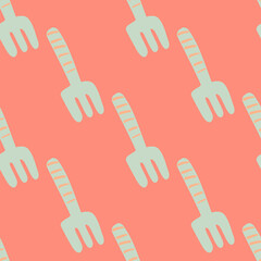 Light garden tool ornament seamless pattern. Pink background with simple rake silhouettes.
