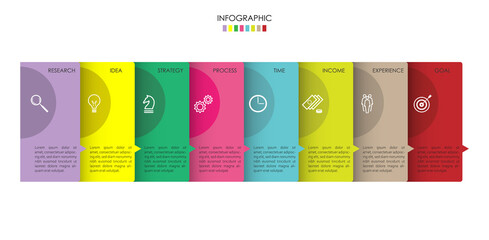 Infographic vector with 8 step colorful rectangle cards structure. Simple and clear diagram for presentation, business concept and plan.	
