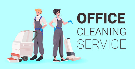 female professional office cleaners women janitors in uniform with cleaning equipment standing together full length copy space horizontal vector illustration
