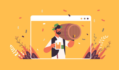 waiter holding beer barrel and mug Oktoberfest party celebration concept man in german traditional clothes having fun web browser window portrait horizontal vector illustration