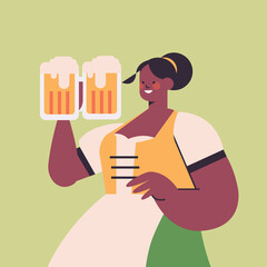 girl waitress holding beer mugs Oktoberfest party celebration concept african american woman in german traditional clothes having fun portrait vector illustration