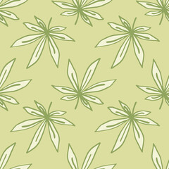 Doodle seamless ganja ornament pattern. Artwork in pastel palette. Light green contoured leafs and beige background.