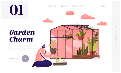 Female Character Working in Greenhouse Landing Page Template. Woman Planting Plants from Pots to Soil in Winter Garden