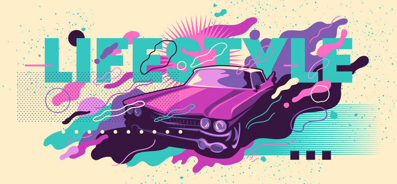 Colorful abstract banner design with vintage car and typography. Vector illustration.