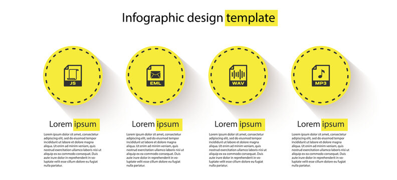 Set JS file document, EML, WAV and MP3. Business infographic template. Vector.