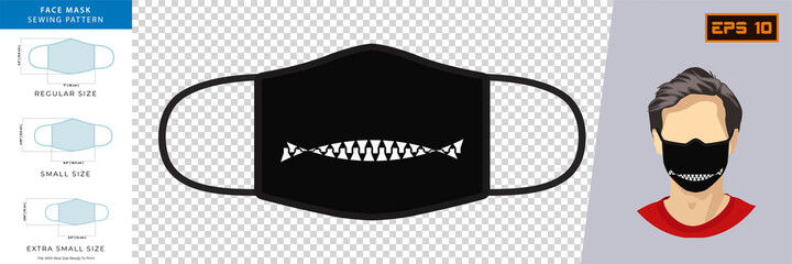 Vector graphic of funny masks in mask design. Face mask sewing pattern front view concept with real size ready to print. Face mask design template, dust protection & breathing medical respiratory.