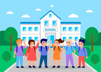Obraz na płótnie Canvas Children are going to school to study. Back to school concept. Learning and education of boys and girls. Vector flat illustration