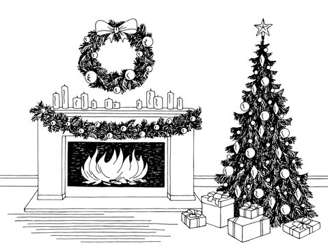 Living room graphic Christmas tree fireplace black white interior sketch illustration vector