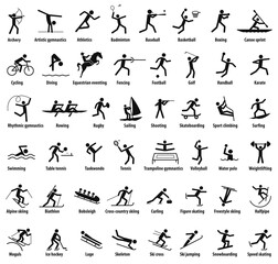 Sports icons. Vector isolated black pictograms with the names of sports disciplines