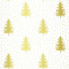 Naklejka na ściany i meble Christmas tree seamless pattern. Noel gold print, New year winter holiday decoration, golden christmas background with firs and white snow, wallpaper, wrapping paper design