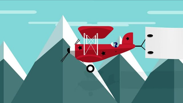 Vector illustration a small red airplane pulls a banner behind it as it flies over the mountains
