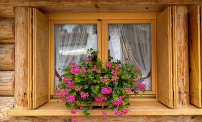 Typical window of mountain cabin with vase of geranium flowers