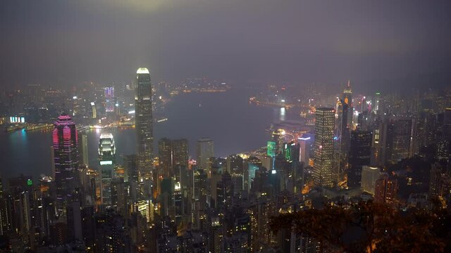 4k b-roll cinematic establishing shot of night scene aerial view of Hong Kong city.
