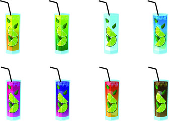 Colorful and sparkling cocktails, with ice lime and bubbles