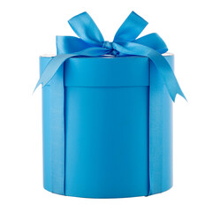 Blue gift box with ribbon and bow isolated on white background.