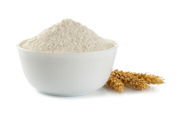 Bowl with flour on white background. spikelets of wheat