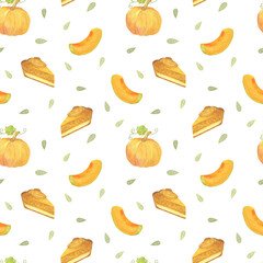 Pumpkin pie and seeds seamless pattern of traditional autumn desserts watercolor hand drawn style illustration for wrapping gift paper, greeting cards, seasonal fall simple rustic repeat ornament
