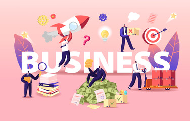 Business Concept. Businessmen Characters Launch Startup, Working with Documents and Earning Big Money, Project and Deals