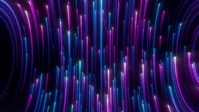 Futuristic abstract colorful background in bright neon blue and violet colors. Retro colorful wallpaper. Seamless loop animation. 3d rendering.