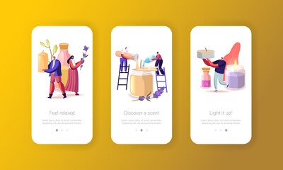 People Making Candles Mobile App Page Onboard Screen Template. Tiny Characters with Huge Ingredients Make Candles, Hobby