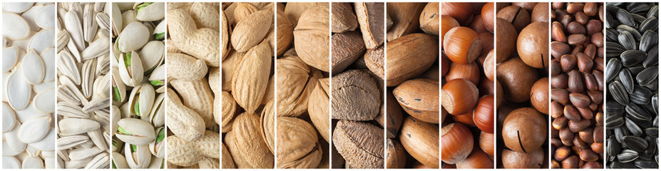 mix nuts and seeds in shell, assorted raw food background