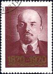 USSR-circa 1970: Postage stamp printed in USSR  with a picture of Vladimir Ilyich Lenin (1870-1924), Russian revolutionary, Soviet politician and statesman from the "Lenin"series. Philately.
