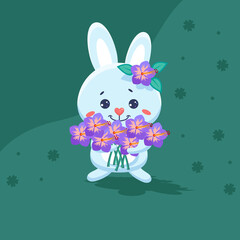Cute bunny with flowers on green background vector illustration. Happy Easter.