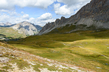Fototapeta premium path in the valley, between the mountain peaks of the Alps, between the grass, ascending path