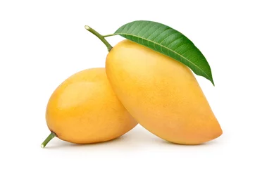 Deurstickers Ripe Mango with green leaf isolated on white background. Clipping path. © Paitoon