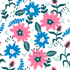 Seamless pattern with flowers and leaves. Vector graphics.