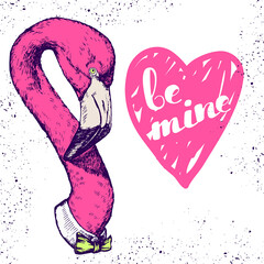 Be mine quote in pink heart, hand drawn pink flamingo portrait, vector illustration