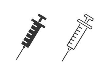 Syringe Injection Line Icon Set. Plastic medical syringe needle. 