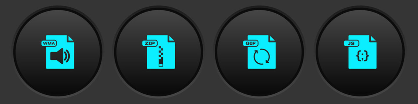 Set WMA file document, ZIP, GIF and JS icon. Vector.