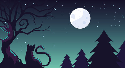 halloween background with cat in the dark field