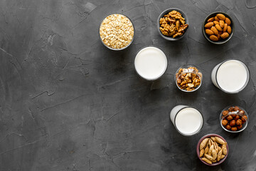 Top view of non-dairy lactose free milk with nuts
