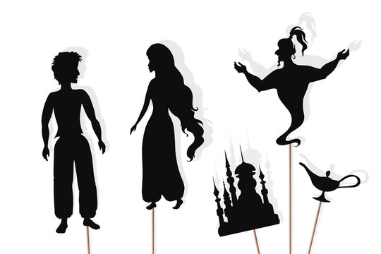 Aladdin storytelling, isolated shadow puppets.