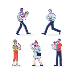 Obraz premium Set of cartoon characters eating. Isolated people eat snack while going