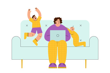 Frustrated parent trying to work with active children. Mother and son flat style vector illustration 