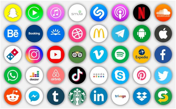 Set of popular mobile apps icons. McDonalds, Behance, Apple, Domino Pizza, Twitter, Tik Tok, Facebook, Instagram, Snapchat, Tumbler, Telegram, Airbnb, Tripadvisor, Linkedin, Smule, Starbucks,